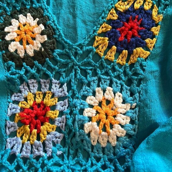 Turquoise maxi coverup with granny squares. One Size. - Picture 6 of 7